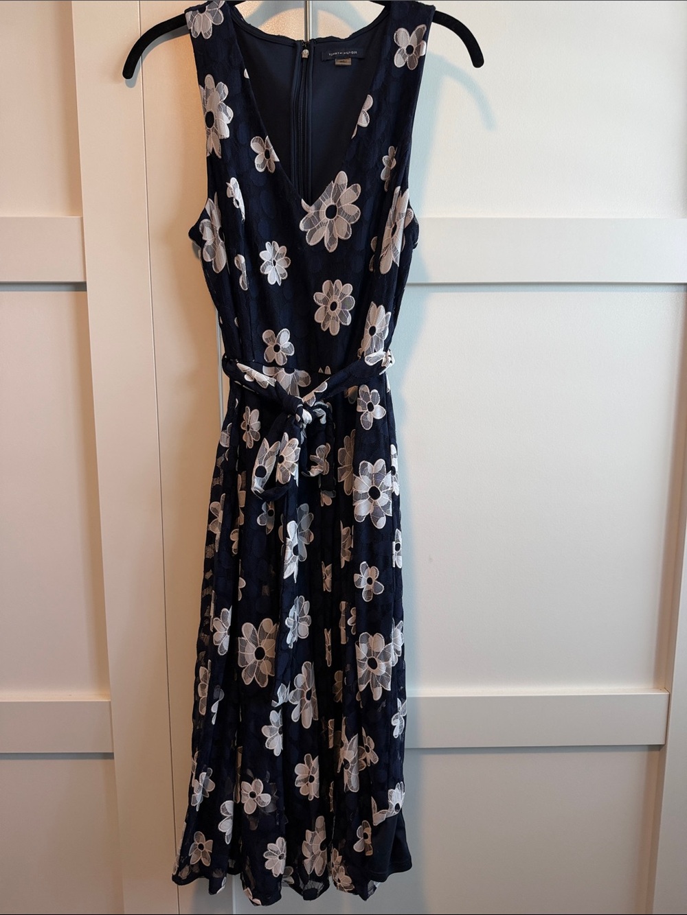 Sleeveless Navy Floral Midi Dress with Tie Waist